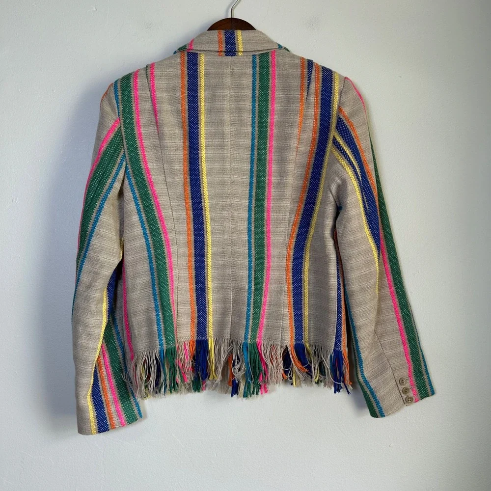 EUC‎ ecru Blazer Striped Fringe Hem Size S Tan Multicolor Boho Festival